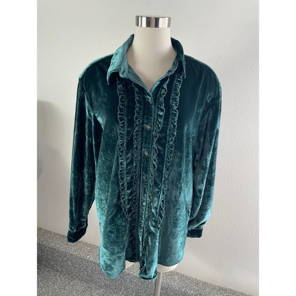 Pilcro Tops - NEW Pilcro Anthropologie Womens Medium Dark Green Velvet Ruffle Button Up Shirt